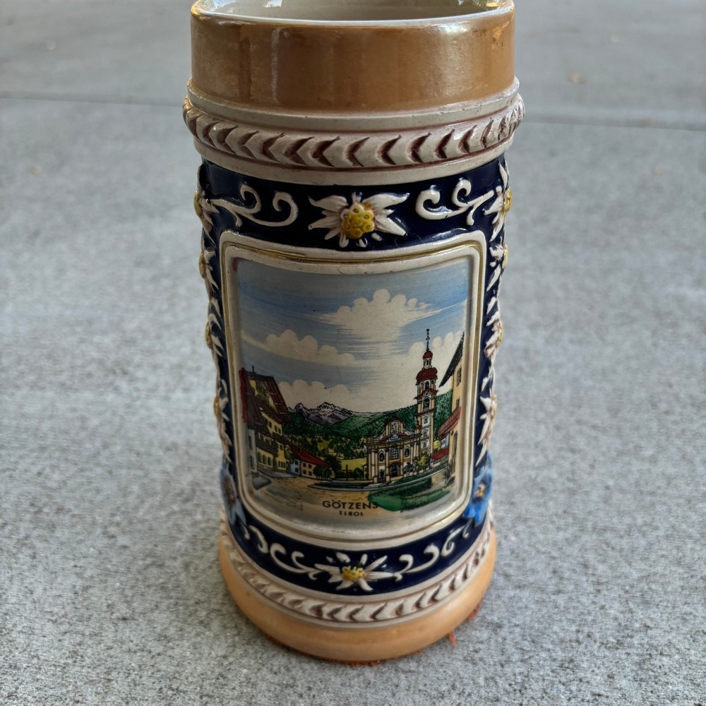 Gotzen Tirol Vintage Hand-Painted German Stein, 9" Tall, No Lid,‎ Ceramic Mug